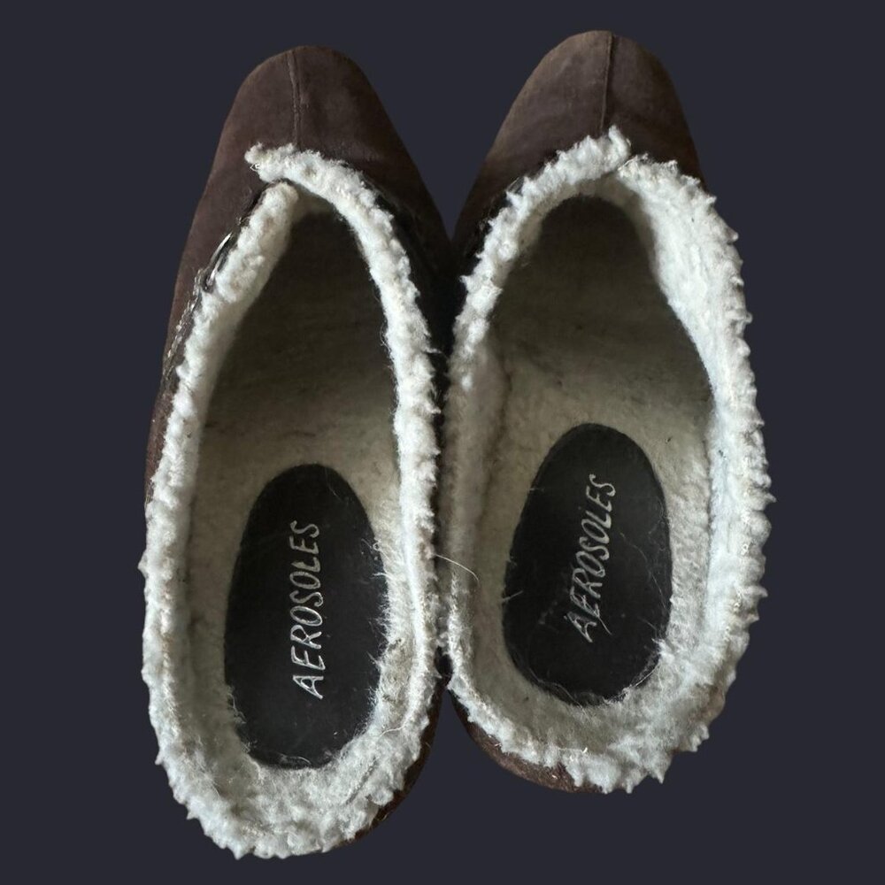 Vintage Sherpa Chocolate Brown Suede Mules with Buckle and Contrast Size 8 - Picture 7 of 7